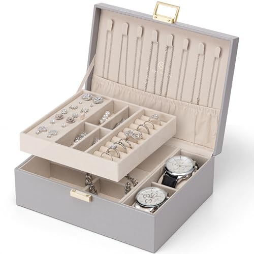 VLANDO Schmuckkästchen für Damen, Mit 2 Etagen, mit 2 Uhrenkissen | Geschenk für Damen,Schmuckaufbewahrung,PU Leder, Schmuck Organizer Für Ohrringe,Halsketten,Ringe,Grau