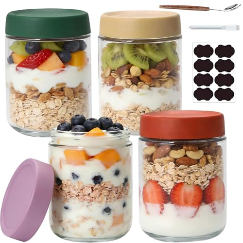FRKOKRFA Overnight Oats Gläser 4 Stück 500ml Einmachgläser mit Schraubdeckel für Hausgemachte Marmelade, Chutney, Joghurt, Einlegen, Einmachen, Als Mason Jar
