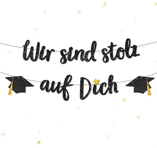 Glitzer Abschluss Deko, Wir sind stolz auf Dich Girlande mit Abschlusshut, Banner für Abitur Abi Bachelor Gratulation Bestandene Prüfung Graduation Abschlussfeier Party Dekoration