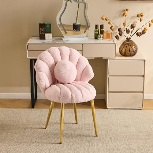 Bonnlo Shell Armchair, Vanity Chair with Pearl Deco Pillow, Charming Pink | No Wheels Teddy Fleece Dressing Table Chair with Golden Legs for Vanity, Cute Boucle Accent Chair for Bedroom/Living Room