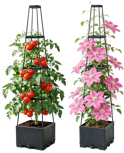 Yuehuamech Tomato Planter Boxes with Trellis Self-Watering Planter Box Self Watering Raised Garden Bed Tall Square Planters for Indoor Outdoor Climbing Vegetables Plants Patio Flowers Vegetable (1PC)