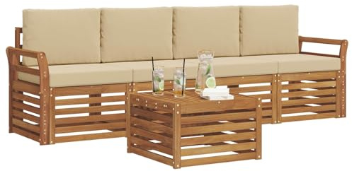 vidaXL Sofagarnituren 5 pcs Natur und Beige Massivholz Akazie, Moderne, langlebige Garten-Sofagarnitur, sectionale Möbel für Patio, Terrasse, entspannte Sitzgelegenheit