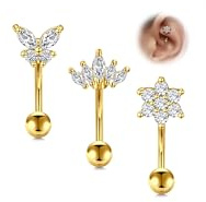 WillTen Rook Piercing Schmuck, vertikaler Labret-Schmuck, Silber, Gold, Edelstahl, Augenbrauenpiercing, gebogene Barbell-Lippenpiercing, klare Zirkonia, Schmetterling, Blume, Rook Daith, vertikale
