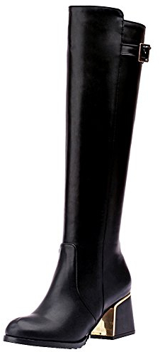 Jamron Donna Elegante PU Pelle Tacco Medio Alto Ginocchio Stivali Zip Stivali Caldi Invernali Con Cinghia di Fibbia Regolabile Nero SN02933 EU43