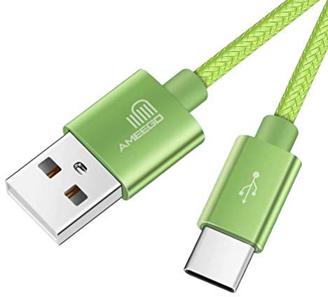 ameego 6.6ft Nylon Braided USB C 3.1 Sync & Fast Charging Cable for Samsung, HTC, Nokia, Sony, Nintendo Switch, and More Device with Type C Reversible Connection - Green