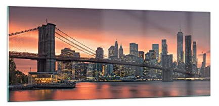 Panorama Bilder auf Glas 100x40cm Glasbild New York Brücke Nacht Groß Wanddeko Bild im Glas Schlafzimmer Küche Wandbilder Dekoration Wohnzimmer Modern Wall Decor Wand Kunstdruck Art GAB100x40-4048