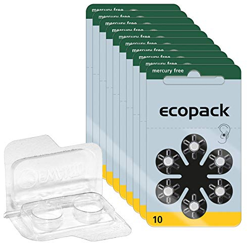Ecopack PR70 Lot de 60 piles pour appareils auditifs (jaunes), 10 x 6 piles sous blister 1,4 V + boîte de rangement pour 2 piles pour appareils auditifs (toutes tailles), boîte à piles transparente