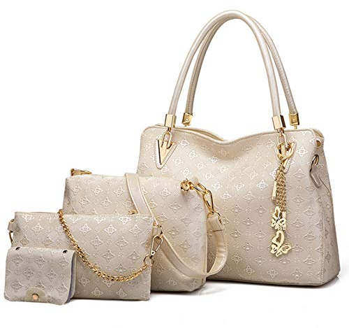FiveloveTwo Damen Umhängetasche Schultertasche Henkeltaschen Quaste Drucken Handtasche 4-teiliges Set Geldbörse Shopper Taschen Clutches Kartenhalter Brieftasche Beige