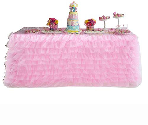 JEELINBORE Jupes de Table en Tulle Romantique Nappe de Fete Tutu pour Mariage Banquet Fête d'anniversaire Décoration - Rose, 185 * 77cm
