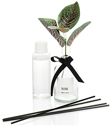 com-four® Lufterfrischer, Bezaubernder Raumduft, Duftölflakon mit Holzstäbchen und dekorativer Kunstblume, duftende Raumdekoration, Raumparfüm (1 Stück - 100ml - Rose)
