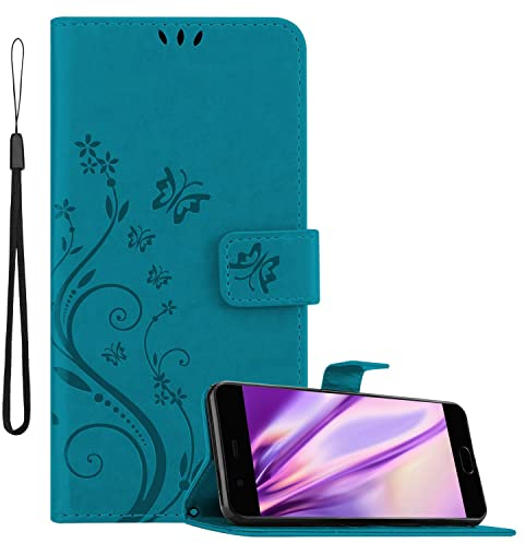 Cadorabo Hülle kompatibel mit Huawei P10 Blumen Design aus Premium Kunst Leder Flip Klappbare Stoßfeste Magnetische [Standfunktion] [Kartenfächern] Cover Hülle für Huawei P10 Tasche in Blau