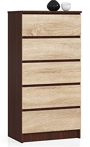 AKORD Kommode K60 mit 5 Schubladen | für das Wohnzimmer Schlafzimmer Schrank Büro Arbeitszimmer | Modernes Funktionales Design | B60 x H121 x T40 cm, Gewicht 39kg | Wenge/Sonoma-Eiche