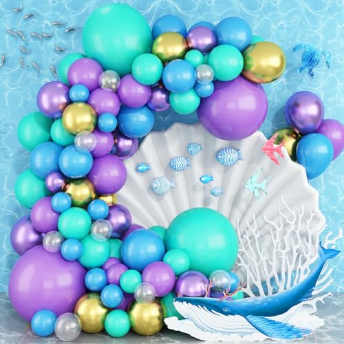 Purple and Blue Balloon Arch Garland Kit, Purple Teal Turquoise Green Metallic Gold Mermaid Latex Balloon Arch for Girls Women Mermaid Birthday Wedding Bridal Baby Shower Party Decorations Supplies