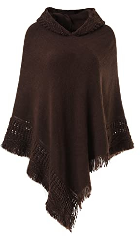 Ferand Chic Poncho Cape à Capuche en Crochet Chaud pour l' Automne Hiver Femme - Taille Unique - Café