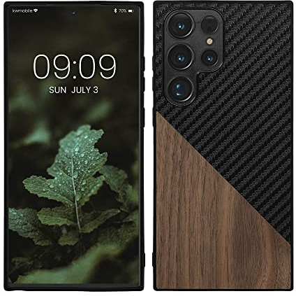 kwmobile Case Compatible with Samsung Galaxy S23 Ultra - Hard Phone Cover with TPU Bumper and Wood/Carbon Back - Dark Brown/Black