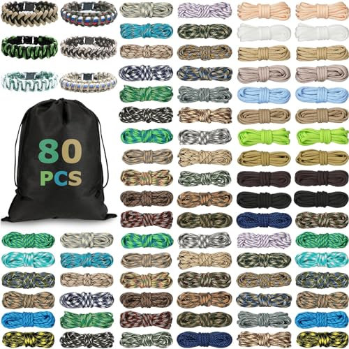 Riakrum Paracord 550 3 m Multifunktions-Paracord-Armbänder, Bastelset mit Kordelzugbeutel für Weihnachten, DIY, Schlüsselband, Hundehalsband, Geschenk, Naturfarbe, 80 Stück