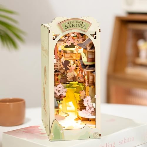 RoWood Book Nook Kit | 3D Puzzle DIY Booknook Buchstütze Modellbausatz aus Holz | Miniatur Haus Kit Book Nook Bastelset - Falling Sakura