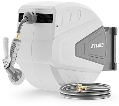 Ayleid Einziehbare Gartenschlauchtrommel, 1,6 cm x 30 m, Wandmontage, mit Sprühdüse mit 9 Funktionen, Verriegelung jeder Länge, langsames Rücklaufsystem, Wandmontage, 180° schwenkbare Halterung (grau)