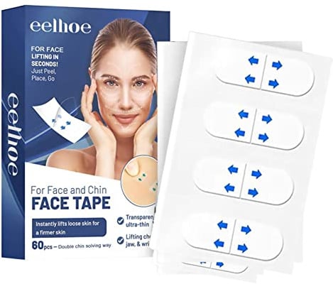 estiramiento facial invisible | Cinta facial antiarrugas | 60 unidades arrugas, cuello, mentón doble, mejillas, parches secretos maquillaje Lingjiong