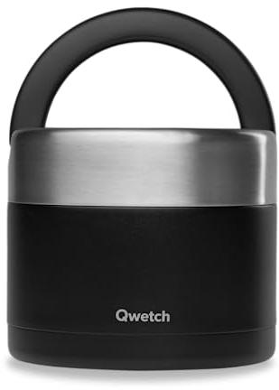 QWETCH - Lunch Box Isotherme Inox avec Poignée - Noir 850ml - Boîte Alimentaire Repas Chaud - 5h Chaud et 7h Froid - Etanche & Sans-BPA