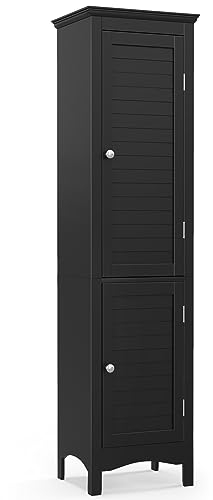 COSTWAY Bathroom Tall Cabinet, Freestanding Storage Cupboard with Double Doors and Adjustable Shelf, Wooden Slim High Floor Cabinet for Living Room Kitchen Hallway, 38x33x160cm (Black)