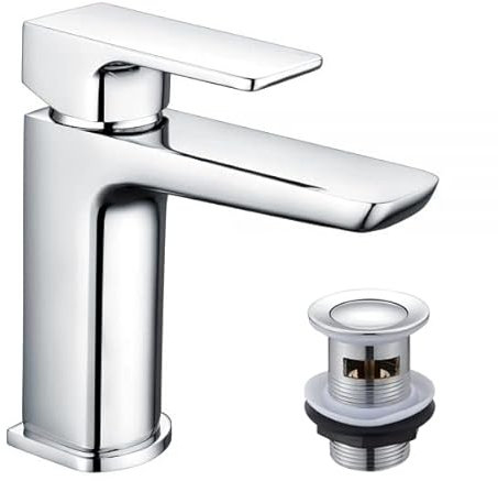 KINGBATH™ Single Lever Mini Mono Basin Mixer Tap with Click Clack Sprung Waste Bathroom Sink Hot and Cold Faucet Solid Brass Modern Chrome Plated Easy to Fit/Install
