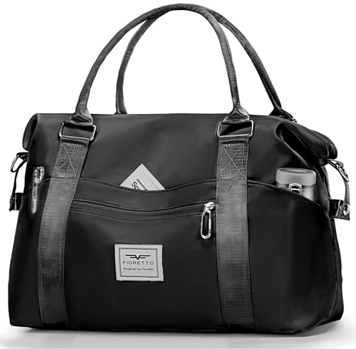 FIORETTO Damen Reisetasche Sporttasche Handgepäck Weekender Bag Schwimmtasche Wasserdicht Travel Bag Duffle Bag Fitnesstasche Trainingstasche für Damen Schwarz Medium