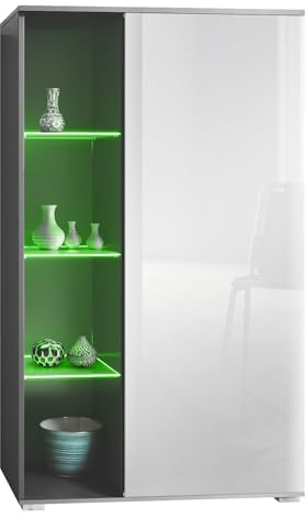 Vladon Vitrine Davos, Made in Germany, Standvitrine mit 3 Glasböden und 8 Fächer inkl. LED, Anthrazit matt/Weiß Hochglanz (71,5 x 134 x 35 cm)
