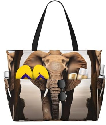 ZHONGSK Große Strandtasche für Damen, große Kapazität, Strandtasche, Stern-/Pool-Tasche mit Reißverschluss und Taschen, faltbare Handtasche für Fitnessstudio, Reisen, Einkaufen, Skulptur Elefant,