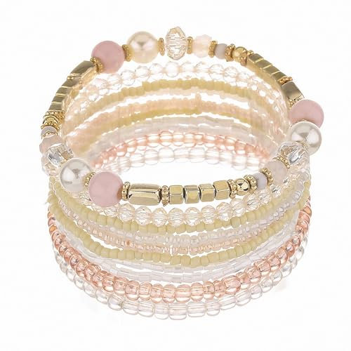 APMGONT Bohemian Beaded Multi-Layer Armbänder Set - Stackable Stretch Strand Crystal Bangles - Boho Handmade Schmuck Geschenke für Frauen Mädchen (Beige)