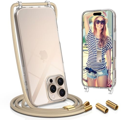 UYMO Transparent Cover with Lanyard for iPhone 16 Pro, Case with Strap Necklace Adjustable Chain Strap, Gold