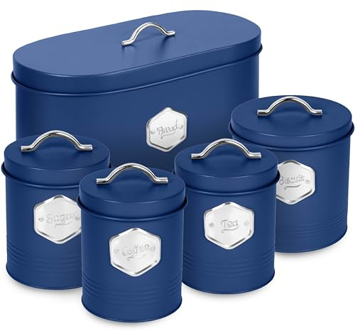 HEFTMAN Blue Kitchen Canister Set - Stylish 5 Piece Kitchen Storage Canisters for Bread, Biscuits - Sugar Coffee Tea Storage Set with Airtight Lids, Labelled Containers (5 PCS)