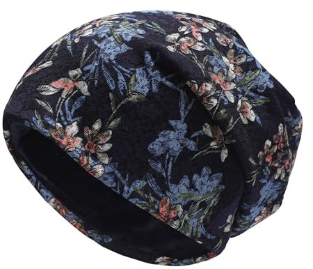 ZLYC Damen Slouch Beanie Winter Strickmützen Blumen Turban Hut((Blume Marineblau),Einheitsgröße