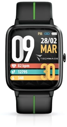 TECHMADE MOVE Smartwatch Unisex con Contapassi, Frequenza Cardiaca, Sonno, Sport CON GPS INTEGRATO, per attività in door e out door | Android e iOS (cinturino nero con riga verde)