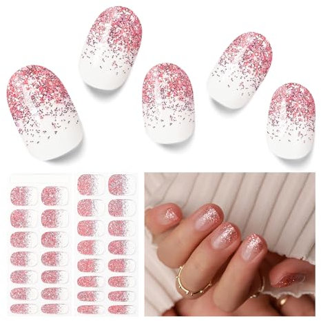 Nelikoo Semi Cured Gel Nail Strips - 30PCS Gel Nail Stickers for UV Light, Long-Lasting Gel Nail Wraps, Salon-Quality Semi Cured Nail Stickers, 2 Weeks Wear, Easy DIY Gel Manicure-Pink Stardust