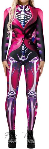 Tuta da donna per cosplay, costume di Halloween con stampe 3D, scheletro, magro, tuta intera, sexy, tuta per carnevale, body per adulti, vestito aderente a maniche lunghe, Rosa acceso, 4XL
