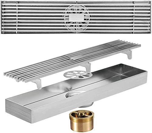 RAABYU Desagüe de Piso para Ducha, Cubierta de desagüe de Piso de Ducha Rectangular de Acero Inoxidable 304 de 23,6 Pulgadas con Rejilla y Cubierta extraíble para F