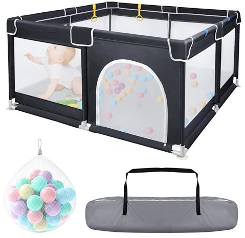 Froadp Baby Laufstall, Kinder Laufgitter & -ställe, Babyzaun Absperrgitter mit Atmungsaktivem Netz und 50 Kugeln, Mobile Krabbeln Playpens, Bällebad für Kinder Baby, Schwarz, 127x127x68cm