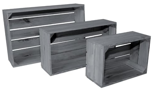 Lermowood Set aus 3 Holzkisten Nr. 3 Grau, Naturholz, Wandregale, Aufbewahrung, 7 Farben, Vintage