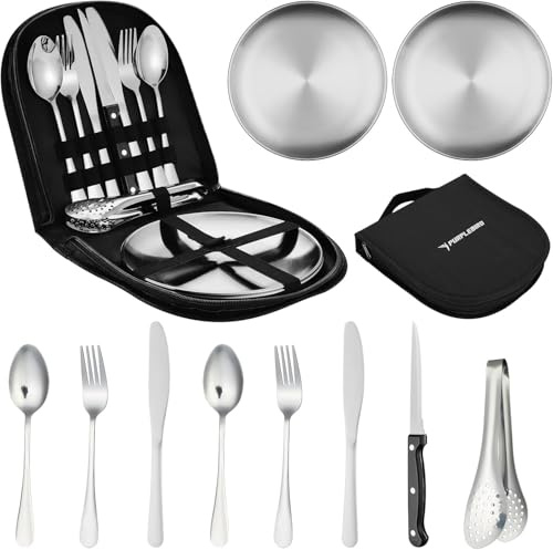 PURPLEBIRD Camping-Besteck Set Silberner - 10-teiliges Geschirr Set für 2 Personen bei Picknick & Reisen Tragbares Edelstahl Geschirr Set Mit Etui deal für Outdoor, Camping