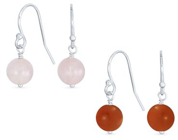 Set di due semplici orecchini pendenti a sfera in pietra naturale tinta rossa corniola e quarzo rosa chiaro per donna in argento sterling 925.