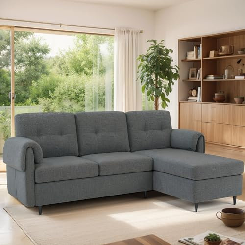 Korser 3 Seater L-Shaped Sofa Couch, Modular Sectional Couch with Storage Chaise, Lounge Sectional Sofas with Linen Fabric, Small Couches for Apartment, Living Room, and Bedroom, Darkgrey