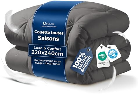 UNIKOME Edredón de Plumas y Plumón Cama 80/90, 100% Algodón, Relleno Nórdico Plumón para 4 Estaciones, Diseño con Pliegue Pinzado, Certificado Oeko-Tex (Gris Oscuro, 220x240cm)
