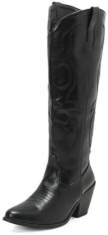 OTMYIGO Stivali da Donna in Stile Western da Cowgirl con Punta a Punta, con Punta Larga e Polpaccio Ricamato, Stivali da Equitazione con Cerniera Laterale,Nero,42
