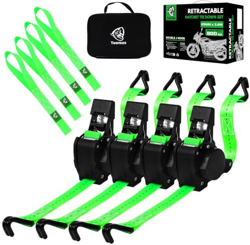 Towmax Automatik Spanngurt, 3,6m x 25mm Automatik Zurrgurt mit J Haken | 800kg Bruchlast Einziehbare Spanngurte, Selbstaufrollende Spanngurte für Motorrad, Kajak, LKW und Anhänger (Grün, 4 Stück)