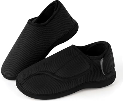 BEENIUBEE Men's Slippers Size 11, Diabetic Wide Fit Memory Foam Slippers, Fluffy Warm Comfy Fleece Non-Slip Slipper for House Arthritis Edema Swollen (Black)