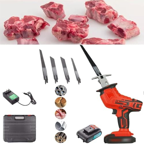 OZPPM Led Bone Meat Cutter, Electric Butchers Saw, Handheld Multifunctional Bone Saw Machine, with Rechargeable Battery, 4 Saw Blade, for Wood, Metal, Plastic, Bones(2 Battery)