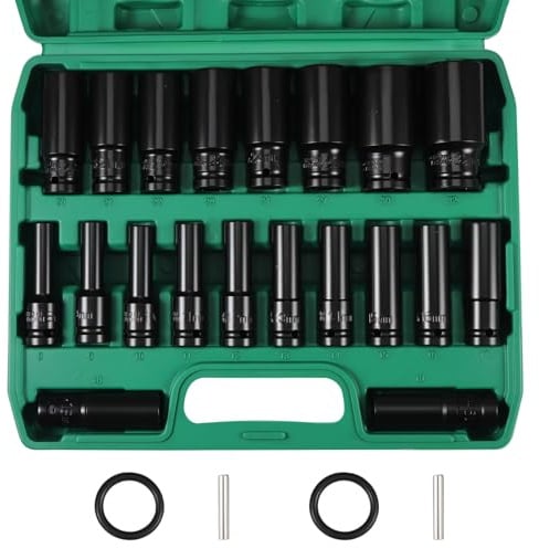 Impact Socket Set 1/2 Inch,20pcs Hex Long Sockets 8mm-32mm, Metric，CR-V Steel Deep Socket for Professional Automotive, Truck, Tractor & Home DIY Repair Set