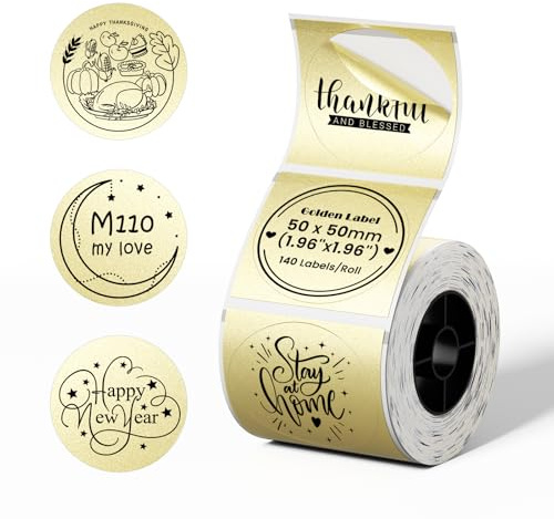 Phomemo Goldenes Rundes Etiketten, Selbstklebende Etiketten Kompatibel mit Phomemo M110 M220 M221 M260 M108 M100 M250, für DIY-Logos, Preis, Name, Adresse, Barcode, 50mmx50mm, 140 Etiketten,1 Rolle