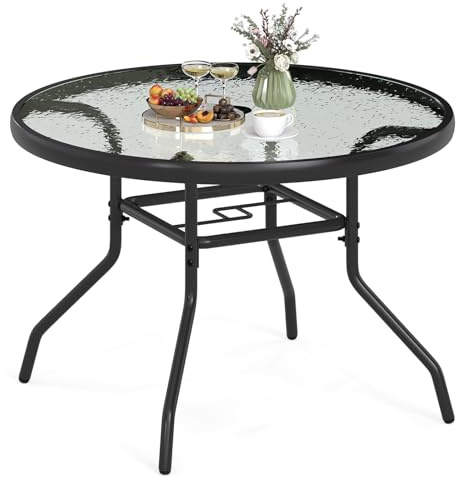 GIANTEX Mesa de Jardín Redonda 70 cm, Mesa de Bistró con Tablero de Cristal Templado, Estructura de Metal y Orificio para Sombrilla, para Balcón, Patio y Terraza